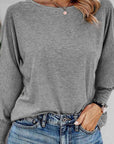 Light Slate Gray Round Neck Smocked Long Sleeve Blouse Sentient Beauty Fashions Apparel & Accessories