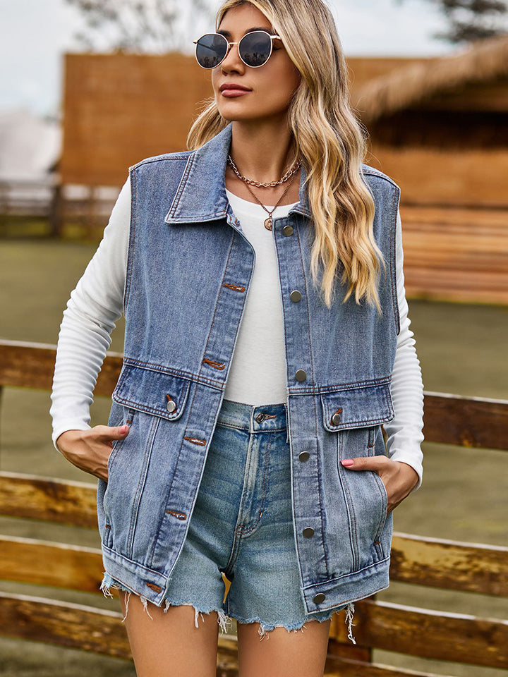 Dim Gray Sleeveless Denim Jacket with Pockets Sentient Beauty Fashions Apparel & Accessories
