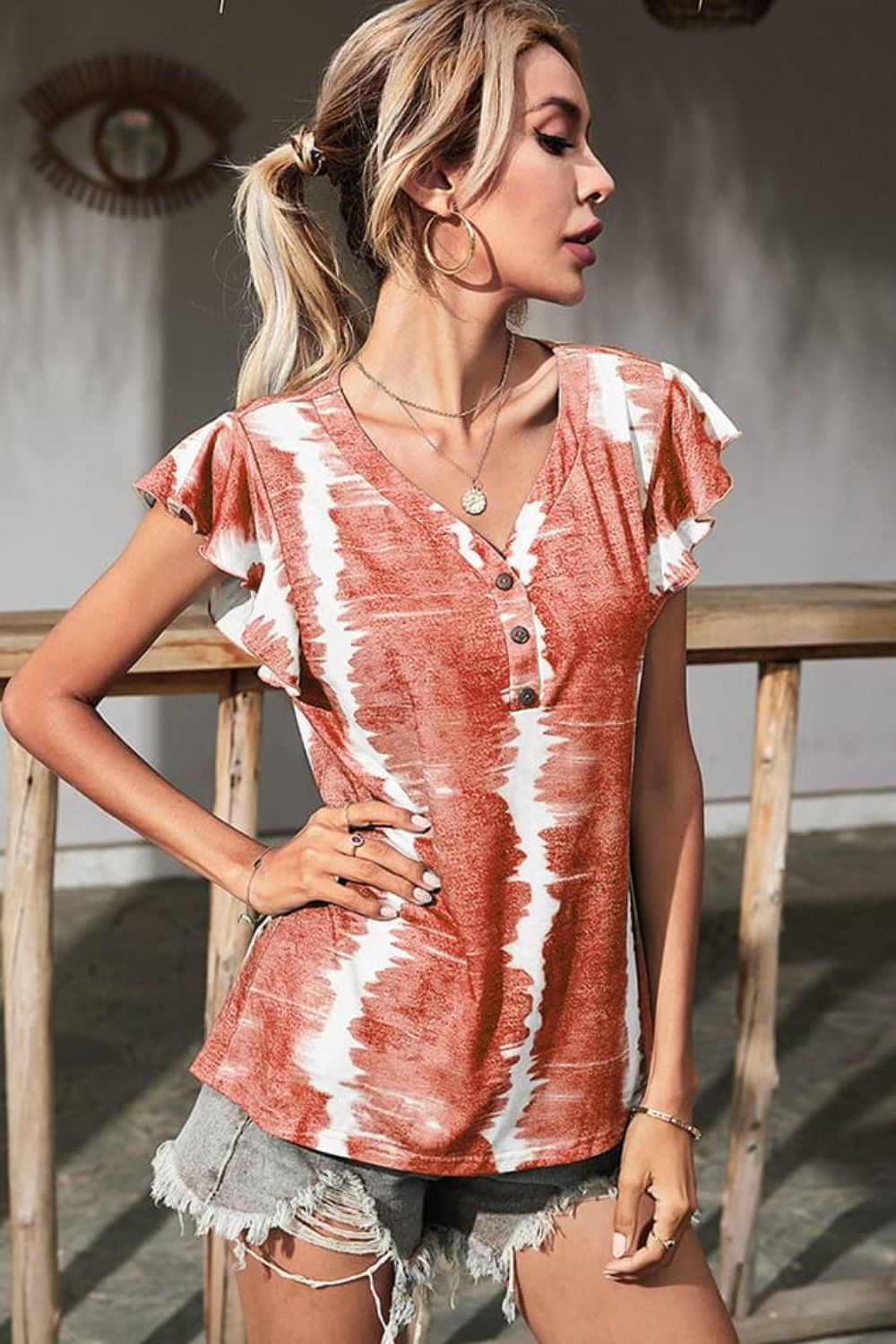 Rosy Brown Tie-Dye Buttoned Flutter Sleeve Blouse Sentient Beauty Fashions Tops