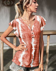 Rosy Brown Tie-Dye Buttoned Flutter Sleeve Blouse