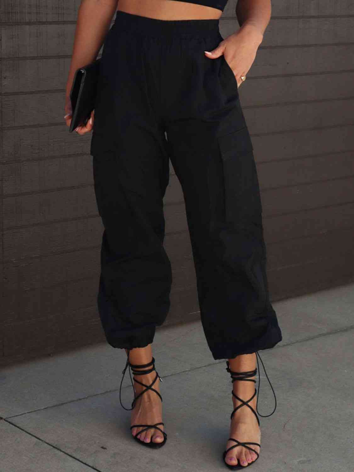 Dark Slate Gray High Waist Drawstring Pants with Pockets Sentient Beauty Fashions Apparel &amp; Accessories
