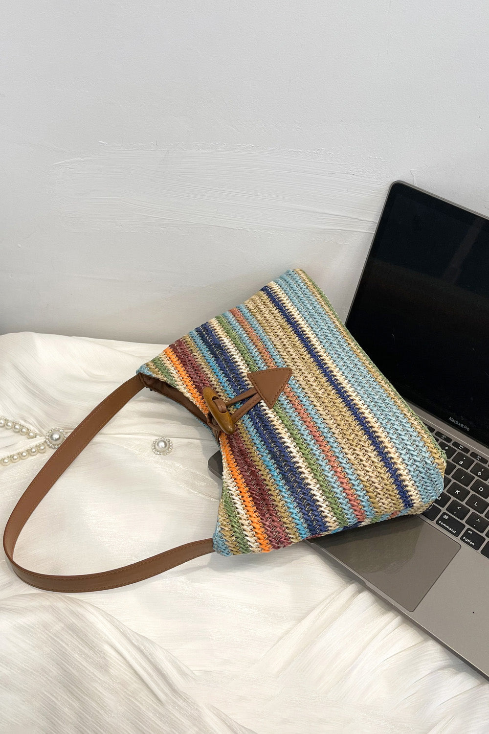 Light Gray Multicolored Straw Shoulder Bag Sentient Beauty Fashions bags