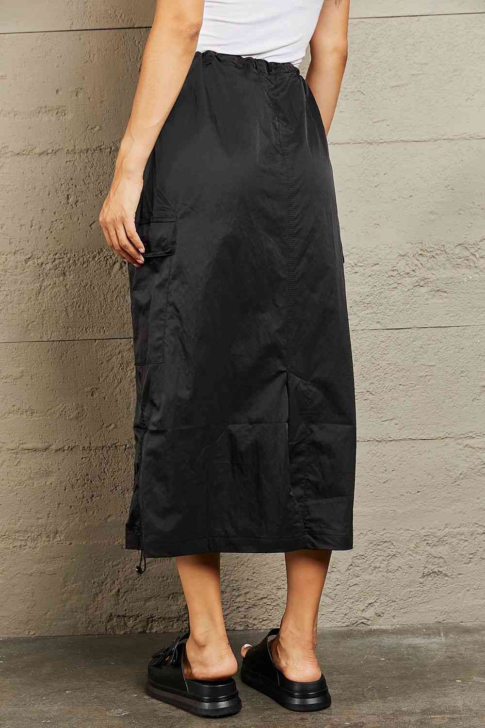 Dim Gray HYFVE Just In Time High Waisted Cargo Midi Skirt in Black Sentient Beauty Fashions Apparel &amp; Accessories