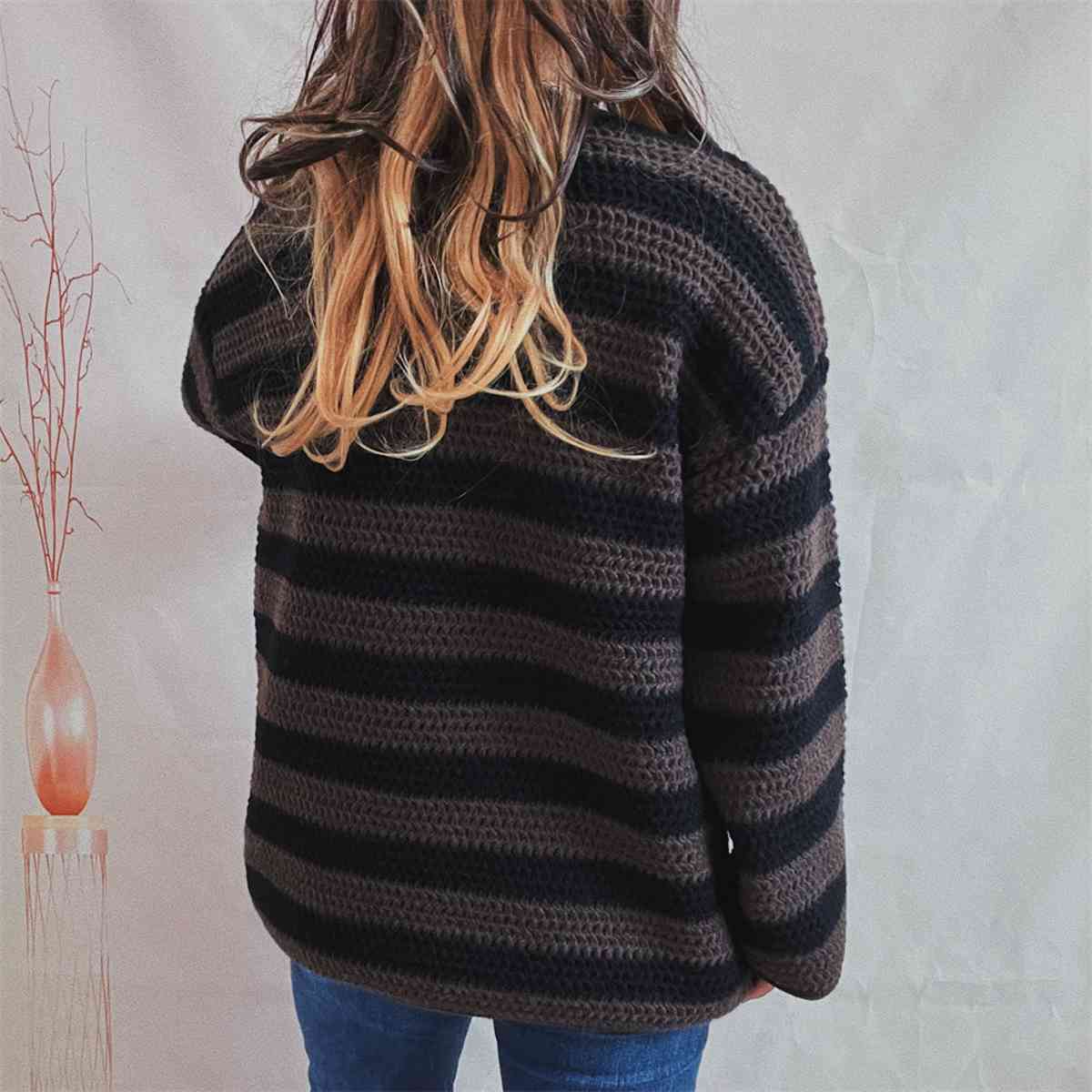Dark Slate Gray Striped Round Neck Long Sleeve Sweater