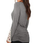 Dim Gray Lace Detail Long Sleeve Round Neck T-Shirt Sentient Beauty Fashions Apparel & Accessories