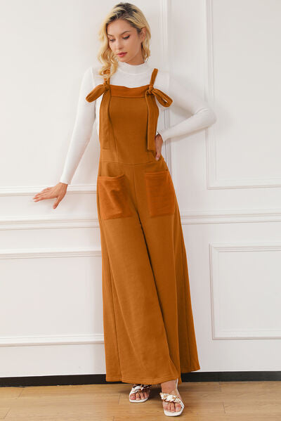Sienna Pocketed Square Neck Wide Strap Jumpsuit Sentient Beauty Fashions Apparel &amp; Accessories