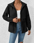 Black Drawstring Zip Up Hooded Jacket