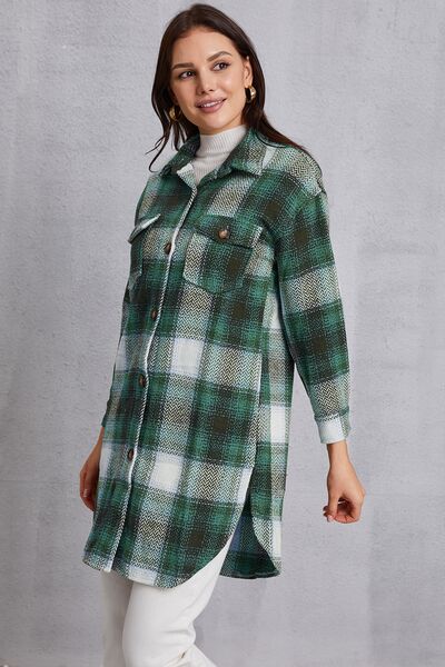 Dark Gray Plaid Button Up Dropped Shoulder Coat with Pockets Sentient Beauty Fashions Apparel &amp; Accessories