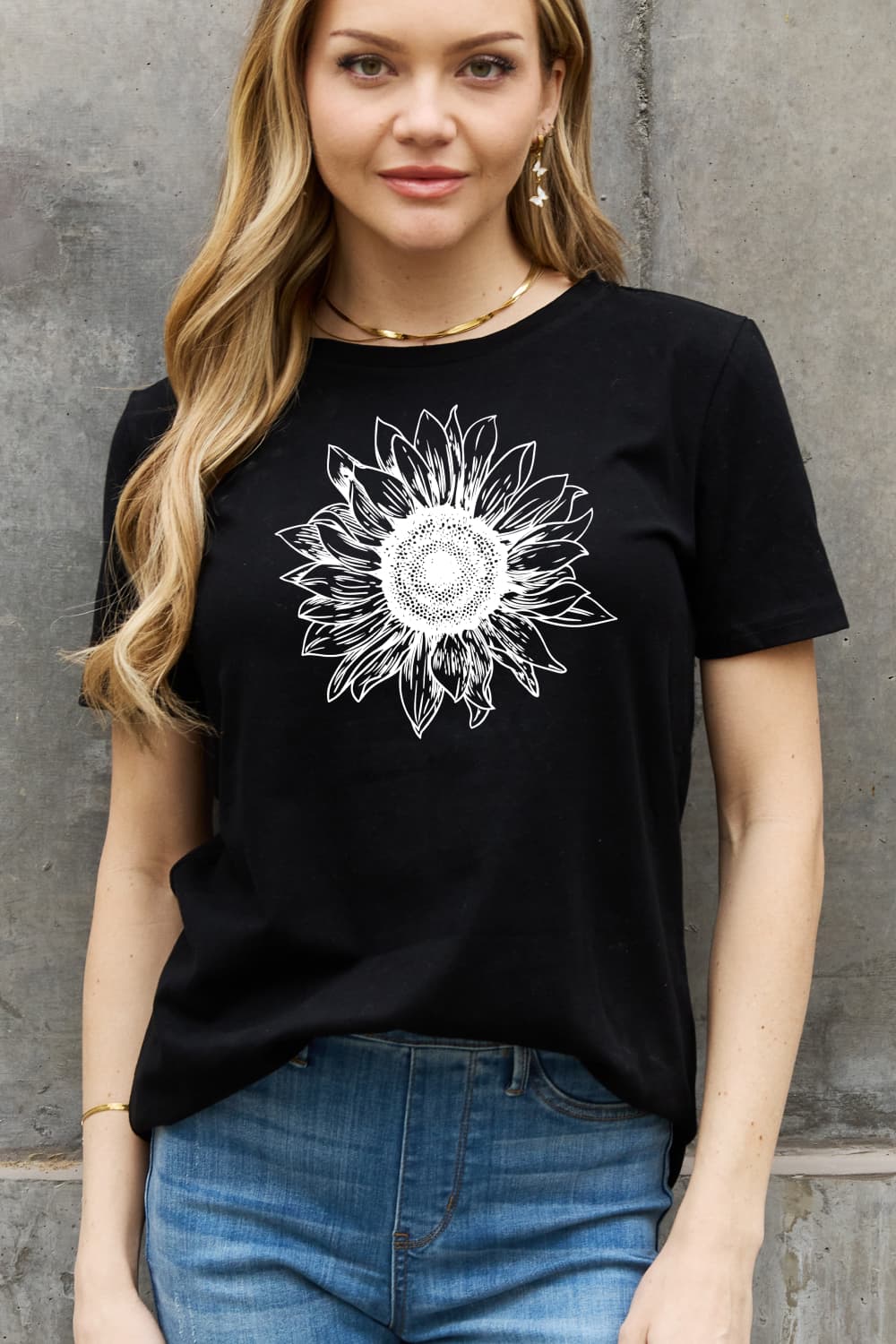 Dark Slate Gray Simply Love Full Size Sunflower Graphic Cotton Tee Sentient Beauty Fashions