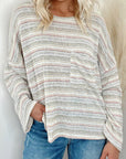 Gray Striped Round Neck Drop Shoulder Top Sentient Beauty Fashions Apparel & Accessories