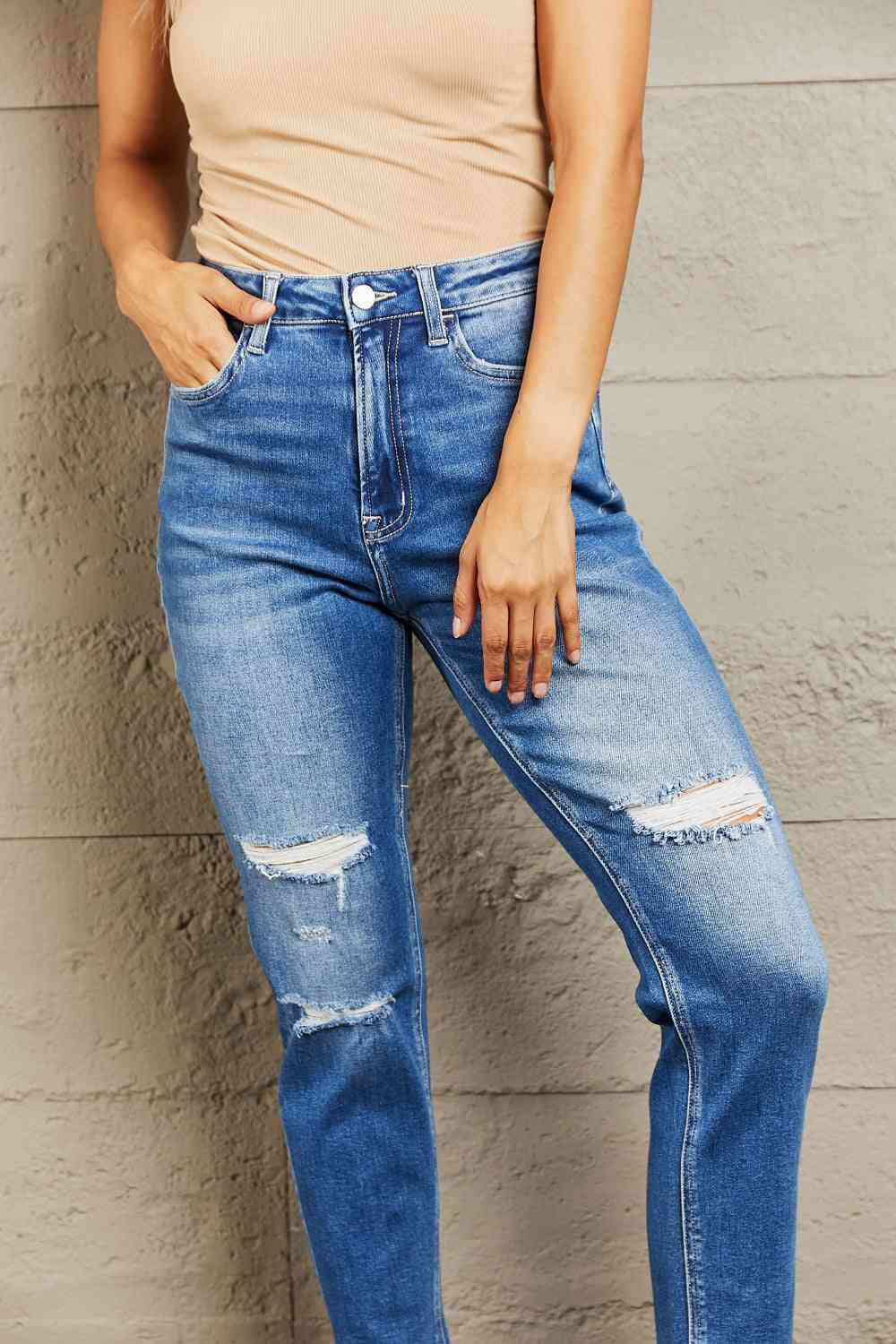 Dark Gray BAYEAS High Waisted Cropped Dad Jeans Sentient Beauty Fashions Apparel & Accessories