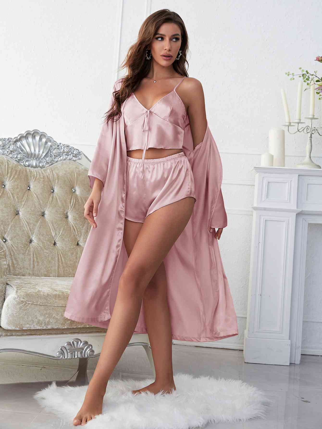 Gray Satin V-Neck Cami, Shorts, and Belted Robe Pajama Set Sentient Beauty Fashions Apparel &amp; Accessories