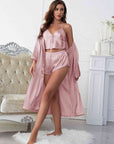 Gray Satin V-Neck Cami, Shorts, and Belted Robe Pajama Set Sentient Beauty Fashions Apparel & Accessories