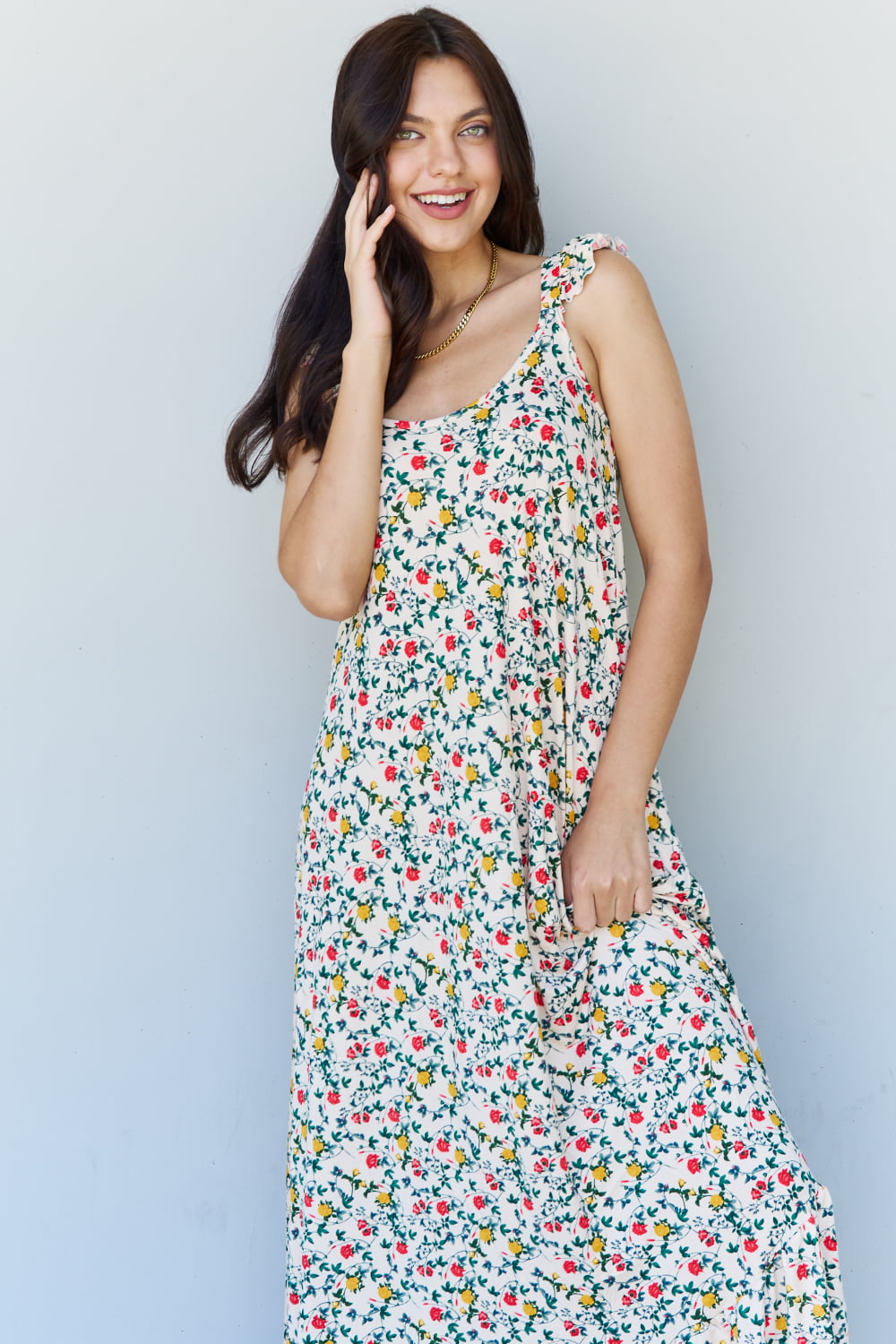 Light Gray Doublju In The Garden Ruffle Floral Maxi Dress in Natural Rose Sentient Beauty Fashions Apparel & Accessories