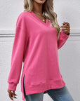 Gray V-Neck Slit Long Sleeve Sweatshirt Sentient Beauty Fashions Apparel & Accessories