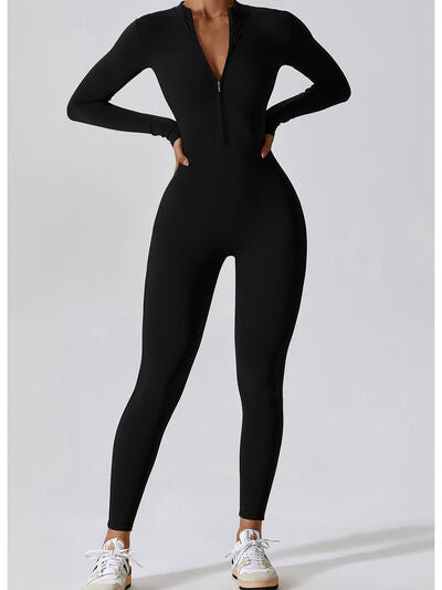 Black Zip Up Mock Neck Long Sleeve Jumpsuit Sentient Beauty Fashions Apparel & Accessories
