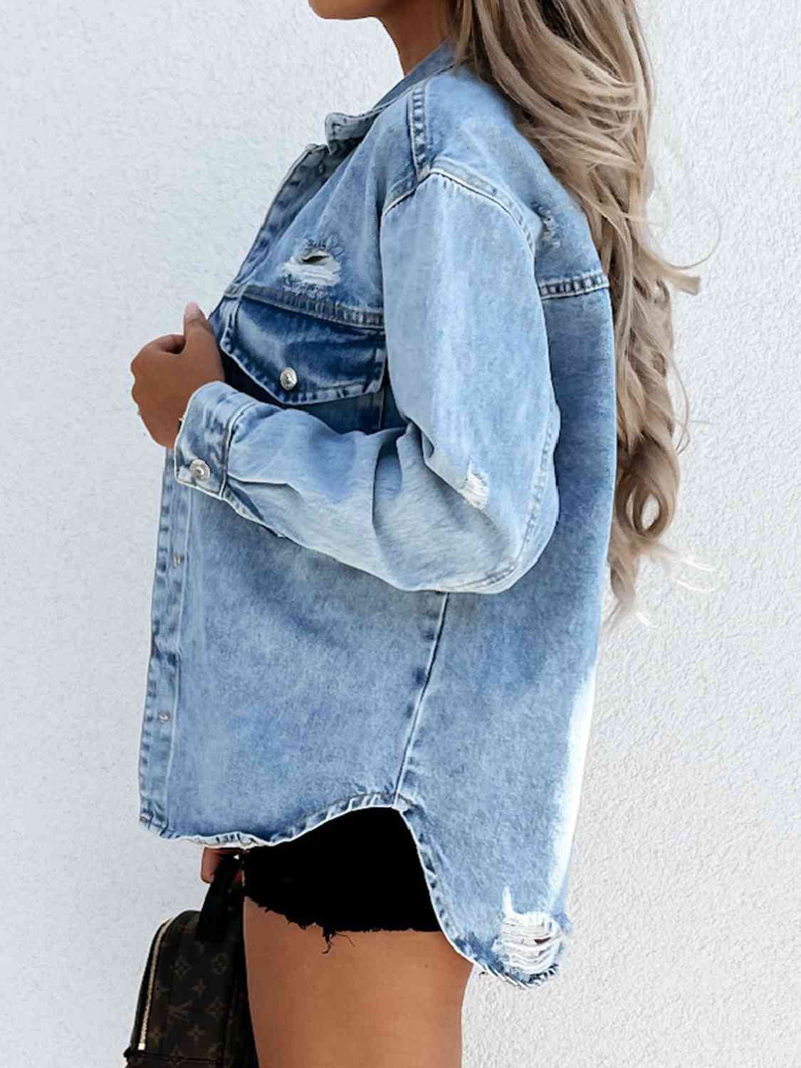 Light Gray Distressed Snap Down Denim Jacket Sentient Beauty Fashions Apparel &amp; Accessories