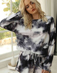 Dark Gray Tie-Dye Round Neck Top and Shorts Lounge Set