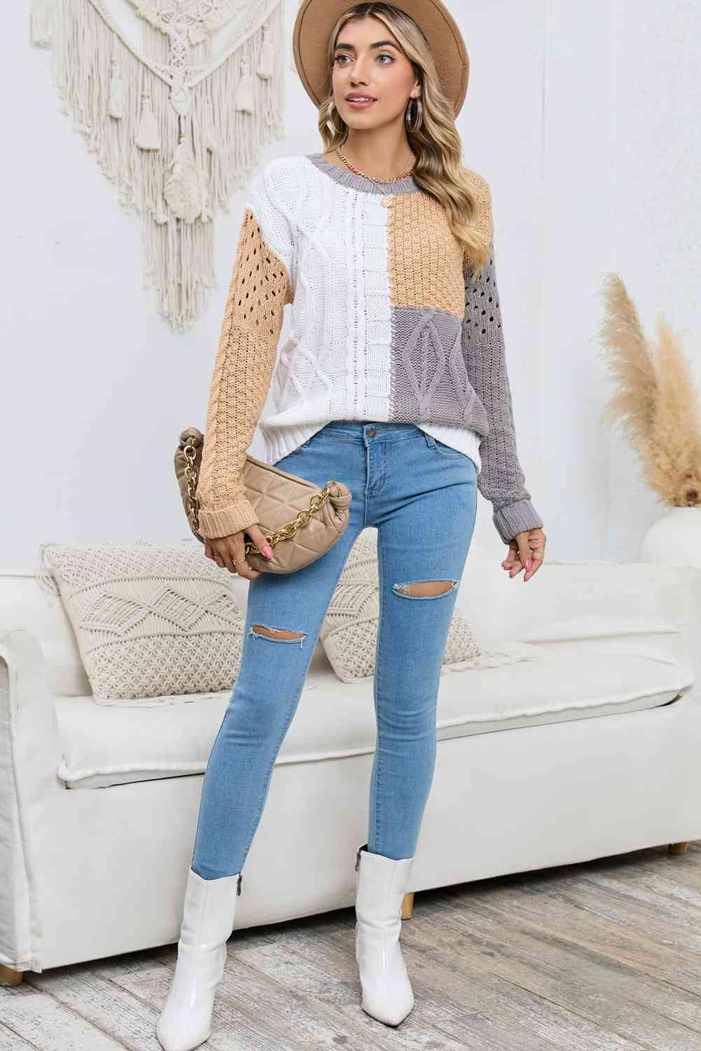Light Gray Cable-Knit Openwork Round Neck Color Block Sweater Sentient Beauty Fashions Apparel &amp; Accessories