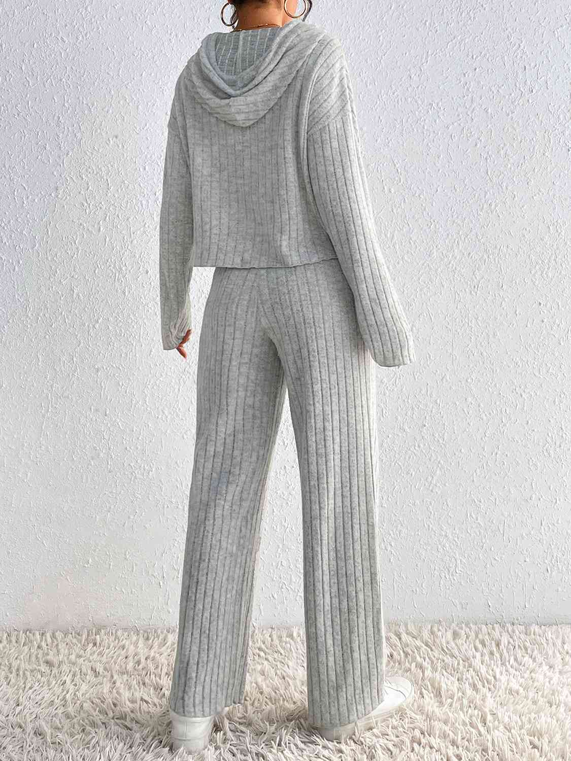 Light Gray Drawstring Ribbed Hoodie and Straight Leg Pants Set Sentient Beauty Fashions Apparel & Accessories