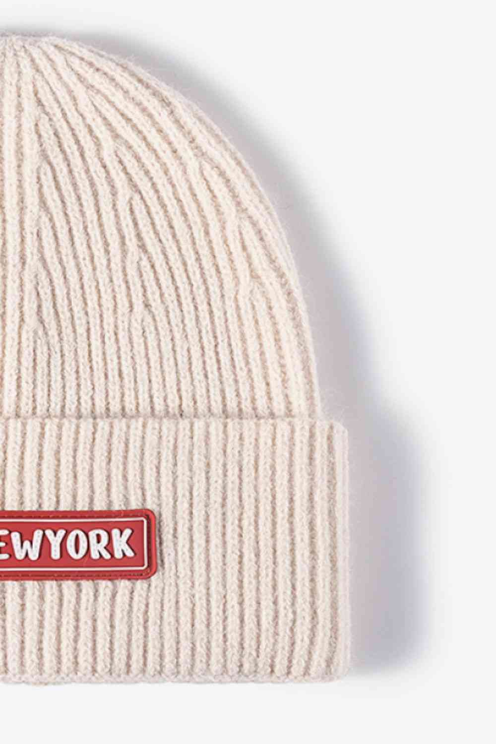 Antique White NEWYORK Patch Rib-Knit Cuffed Beanie