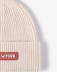 Antique White NEWYORK Patch Rib-Knit Cuffed Beanie