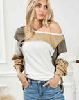 Light Gray Color Block Exposed Seam Boat Neck Top