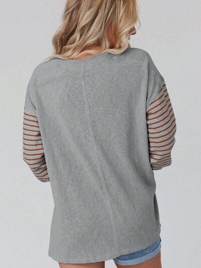 Dark Gray Round Neck Striped Long Sleeve Slit T-Shirt