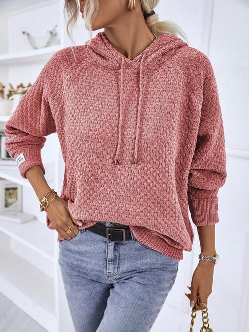 Rosy Brown Texture Drawstring Long Sleeve Hooded Sweater