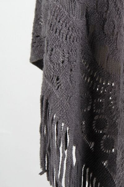 Dark Slate Gray Fringe Openwork Surplice Cape Sleeve Poncho