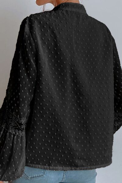 Black Swiss Dot Lace Detail Tie Neck Shirt Sentient Beauty Fashions Apparel &amp; Accessories