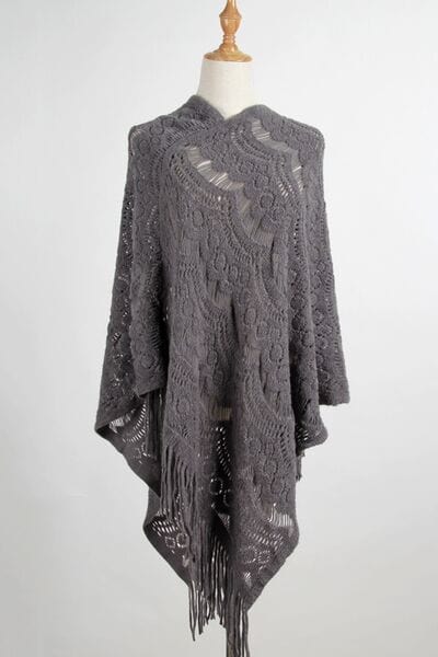 Light Gray Fringe Openwork Surplice Cape Sleeve Poncho