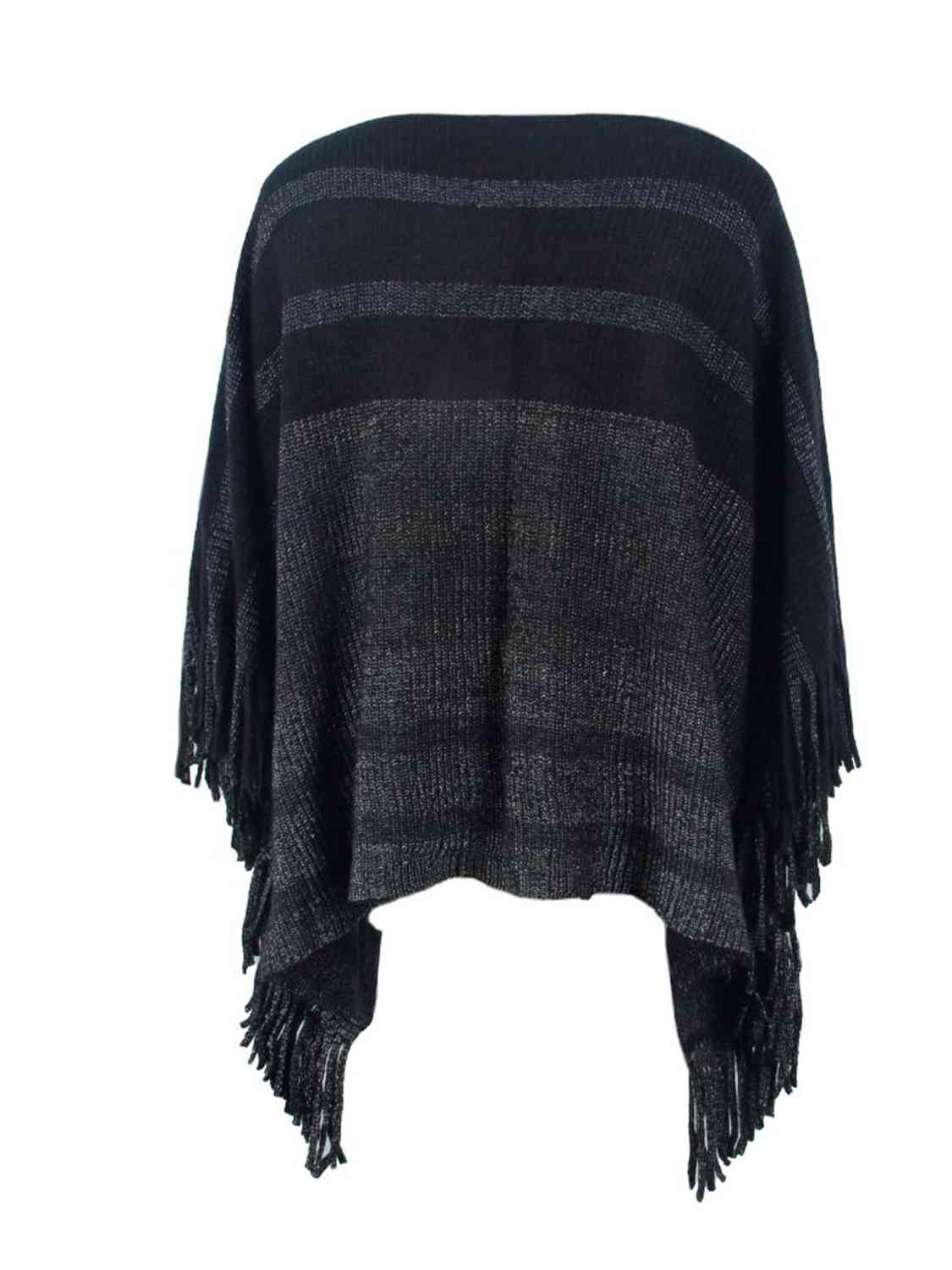 Dark Slate Gray Striped Boat Neck Poncho with Fringes