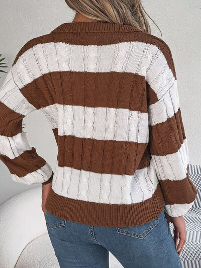 Light Gray Cable-Knit Striped Long Sleeve Sweater Sentient Beauty Fashions Apparel &amp; Accessories