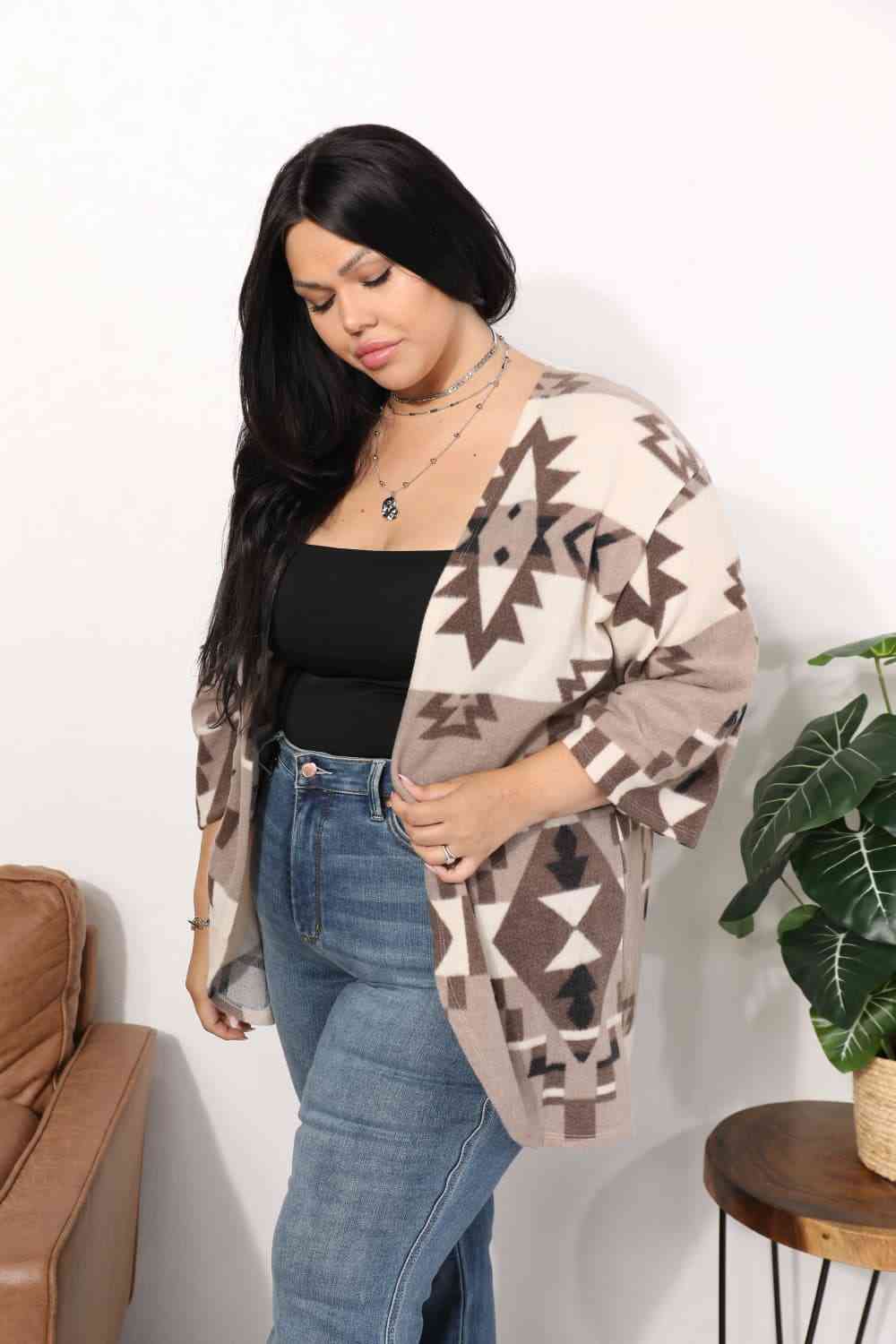 Light Gray Sew In Love Full Size Cardigan with Aztec Pattern