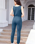 Gray Drawstring Round Neck Sleeveless Jumpsuit Sentient Beauty Fashions Activewear