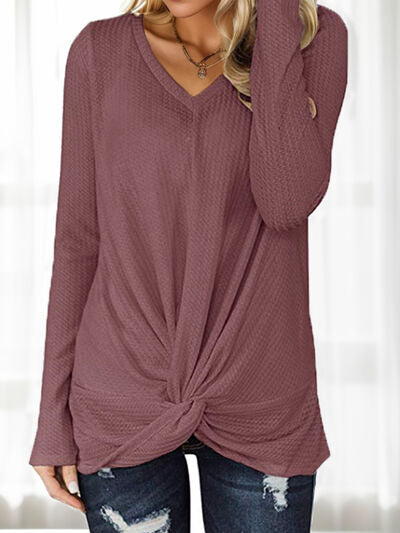 Dim Gray Twisted V-Neck Long Sleeve T-Shirt Sentient Beauty Fashions Apparel &amp; Accessories