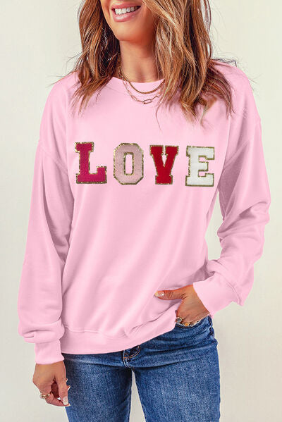 Pink LOVE Round Neck Dropped Shoulder Sweatshirt Sentient Beauty Fashions Apparel & Accessories