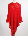 Firebrick Fringe Openwork Surplice Cape Sleeve Poncho