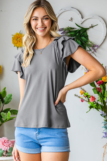 Gray Layered Flutter Sleeve Round Neck Top