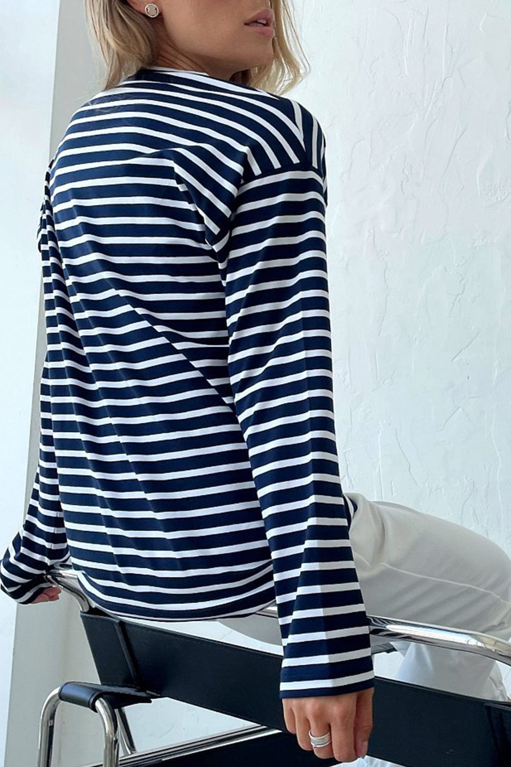 Black Round Neck Striped Dropped Shoulder T-Shirt