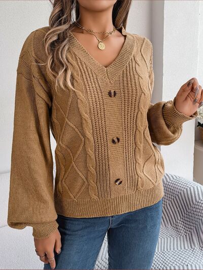 Dim Gray Cable-Knit Buttoned V-Neck Sweater Sentient Beauty Fashions Apparel &amp; Accessories