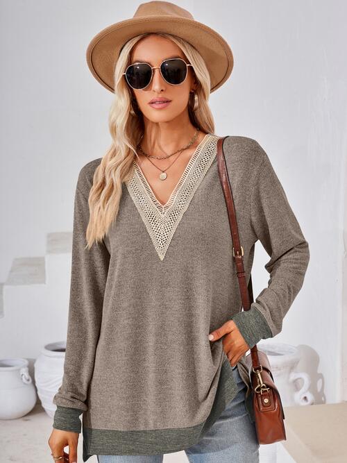 Gray Crochet Contrast V-Neck Long Sleeve Slit T-Shirt