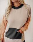 Tan Color Block Exposed Seam Dropped Shoulder Hoodie Sentient Beauty Fashions Apparel & Accessories