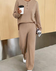 Rosy Brown Ribbed Half Button Top and Pants Set Sentient Beauty Fashions Apparel & Accessories