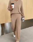 Rosy Brown Ribbed Half Button Top and Pants Set