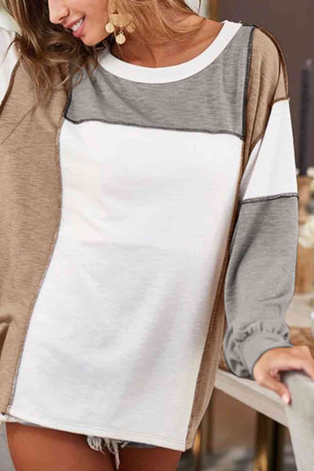 Gray Color Block Exposed Seam Boat Neck Top