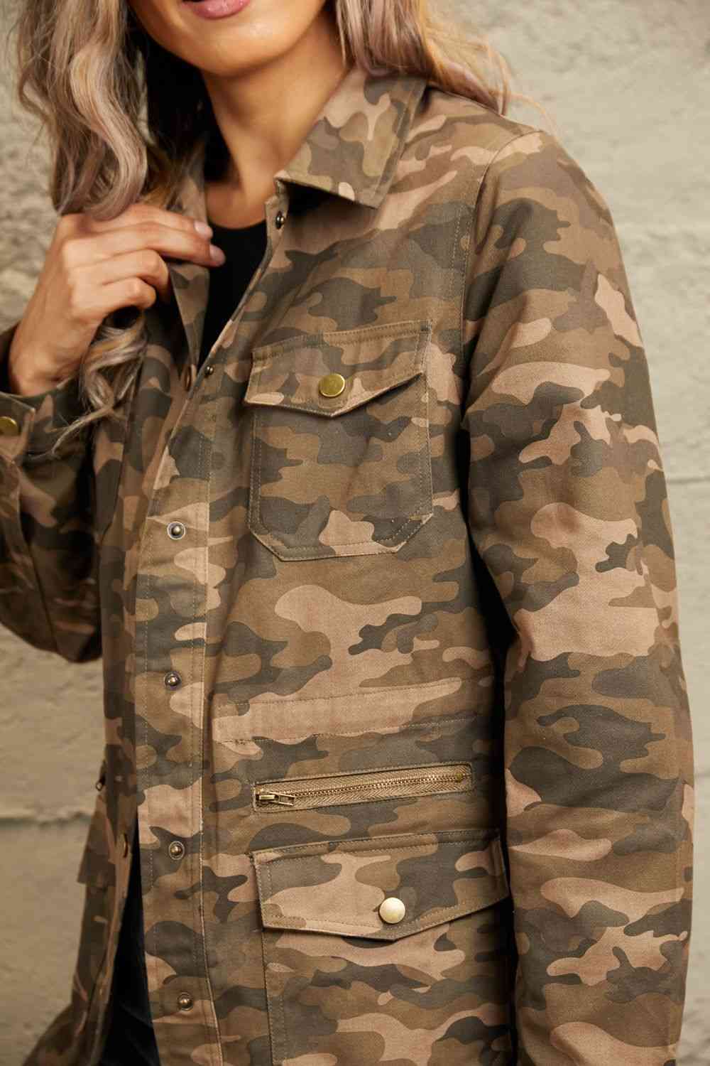Dim Gray Double Take Camouflage Snap Down Jacket Sentient Beauty Fashions Apparel &amp; Accessories
