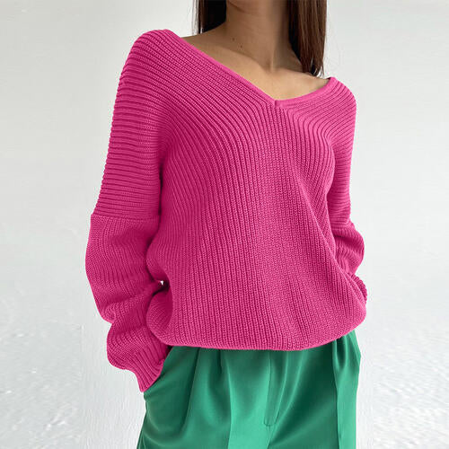 Maroon V-Neck Dropped Shoulder Long Sleeve Sweater Sentient Beauty Fashions Apparel &amp; Accessories