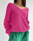 Maroon V-Neck Dropped Shoulder Long Sleeve Sweater Sentient Beauty Fashions Apparel & Accessories